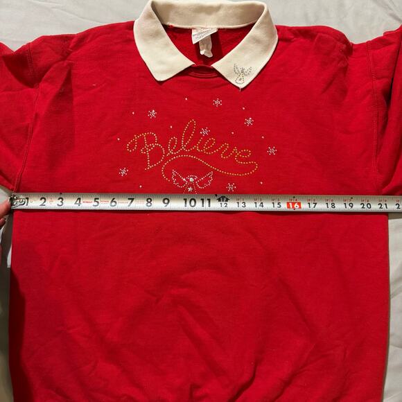 Vintage Cactus Bay Red/White Jeweled Christmas "Believe" Collared Sweatshirt- M - Picture 7 of 8